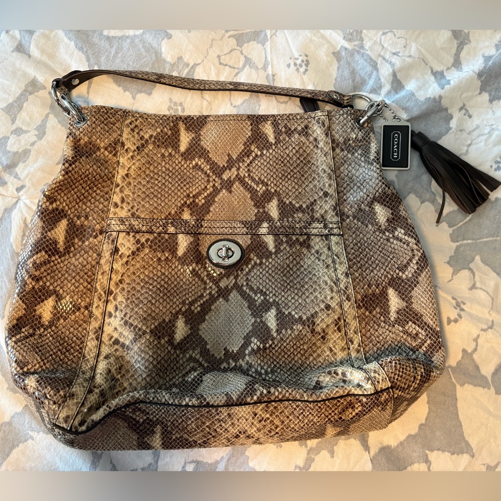 Coach Snakeskin Shoulder Bag in Brown and Tan